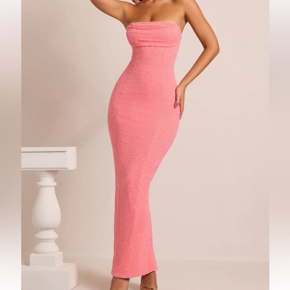 Embellished Bandeau Cowl Neck Maxi Dress in Coral Oh Polly